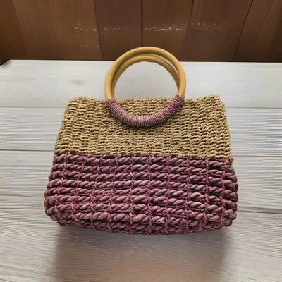 Cartera tejida de ratán vintage con ganjas de madera púrpura Bt desteñida gloria Foto 1 de 4