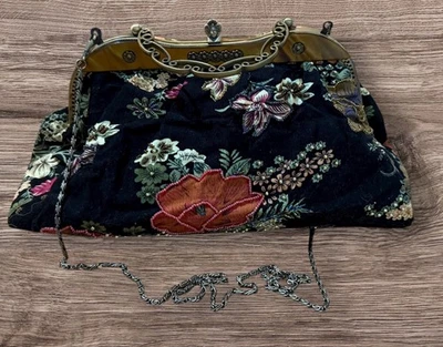 Vtg Butler & Wilson Evening Bag Black Baby Cord Floral Beaded Faux Tortoiseshell - Image 1 of 4