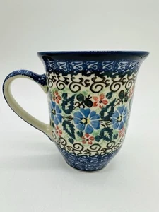 UNIKAT  Large Tall Bistro Coffee Mug Made In Poland Floral Blue - Picture 1 of 10