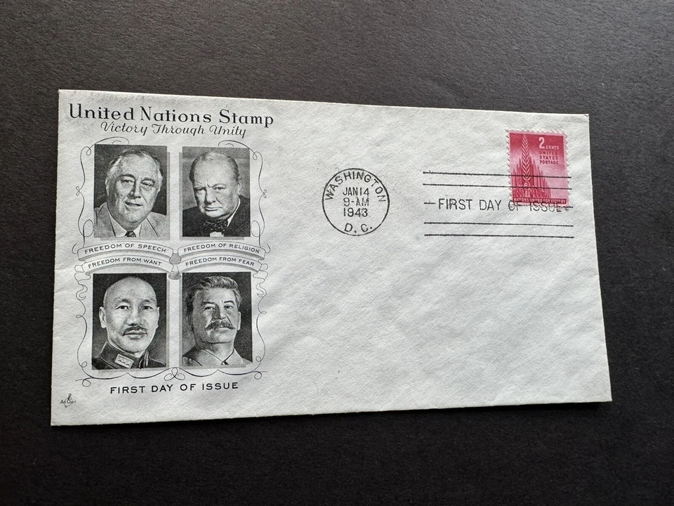 US 1943 FDC +Allied Nations WWII #907 +Big-4 Leaders Cachets=FDR+WC+JS +ChiangKS - Image 1 of 1