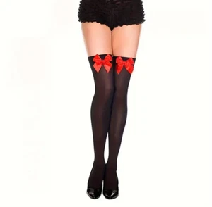 Damen Oberschenkel High Hold Up Strumpf mit Spitze Satin Schleife über Knie Partysocken - Bild 1 von 1