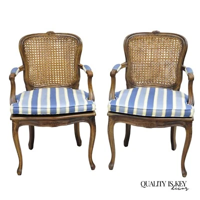 Vintage Ethan Allen Italy French Country Louis XV Cane Back Arm Chairs - a Pair - Image 1 of 4