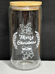 Merry Christmas Glass Tumbler with Bamboo Lid 16 OZ. New - Picture 1 of 6