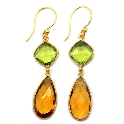 Citrine Quartz Peridot Quartz Pear Cushion Shape Gold Plated Earrings Gifts Her - Image 1 of 2