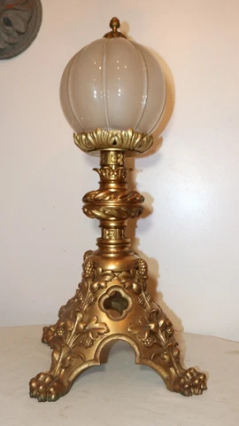 LARGE antique ornate dore bronze frosted glass religious church lamp light Cover