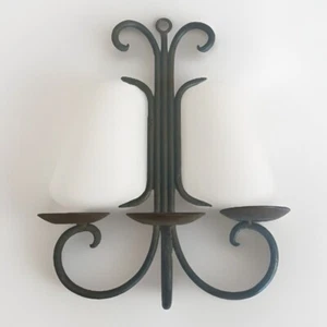 Wrought Iron Three-Candle Wall Sconce Scroll 13”T x 10.5” W Rustic Patina - Picture 1 of 11