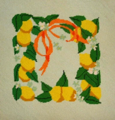 Vintage Needlepoint Chair Pillow Cover Top LEMON FRUIT WREATH  12"×12" - Image 1 of 4