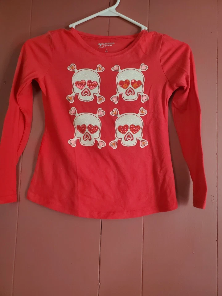 Camiseta AriZona Niñas Pequeña (7-8) Manga Larga Rosa Brillante Esqueleto/Corazón Foto 1 de 4