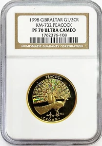 1998 GOLD GIBRALTAR HOLOGRAM PEACOCK 1/2 CROWN COIN NGC PROOF 70 ULTRA CAMEO - Picture 1 of 2