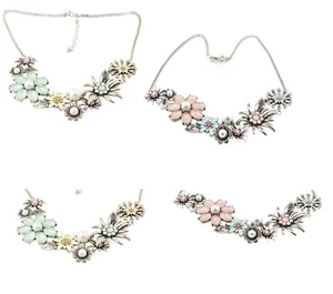 Vintage Inspired Pastel  Crystal Stone Enamel  & Pearl Statement Flower Necklace - Picture 1 of 17