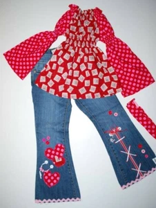 New Ivylane Boutique Custom Valentines Hearts Peasant Top 3D Jeans 3pc Set 5 5T - Picture 1 of 9