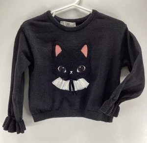 H&M 2T Girls Black Cat Glitter Sweater Pullover Sequin Halloween Fall Spooky Cat - Picture 1 of 6