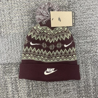 Nike Peak Fair Isle Holiday Beanie Bobble Hat One Size Adults Unisex HF0188-652 - Image 1 of 4