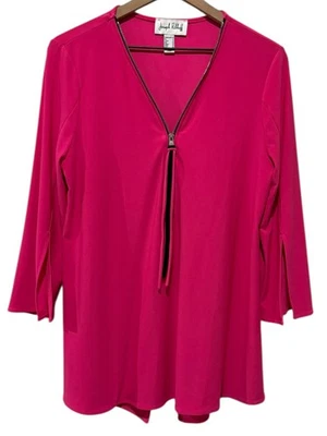 Joseph Ribkoff Top Women Sz 10 Pink Zip Neck 3/4 Split Flare Sleeve Open Back - Image 1 of 4