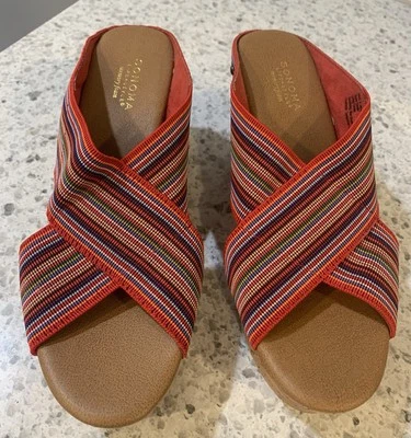 NWOB Kohls Red Stripe Cork Wedge Slide Shoes Heels Size 8 - Image 1 of 4
