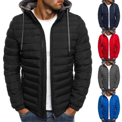 Men Hoodie Wadded Jacket Removable Hat Warm Thick Sports Solid Color Coat - Image 1 of 4
