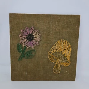 Mushroom String Art Wall Hanging 12" x 12" Green Canvas Yellow Purple - Picture 1 of 10