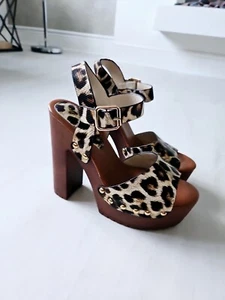 Misspap Leopard Animal Print Chunky Heels Shoes Strap Sandal Black Brown Size 4 - Picture 1 of 5