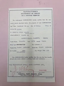 1972 TRIUMPH T120V MANUFACTURER'S STATEMENT OF ORIGIN MSO DOCUMENT 650 T120 - Picture 1 of 1