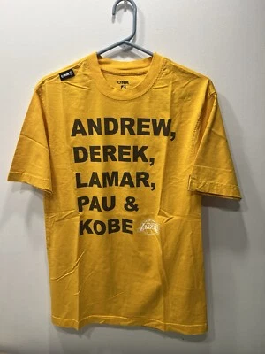 Vtg LA Lakers ‘Andrew Derek Lamar Pau Kobe’ Bryant Shirt Med Yellow NBA Champs - Image 1 of 4
