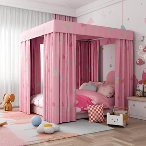 Hvqic Pink Canopy Bed Curtains - 4 Corner Post Bed Curtains Lightproof Princess - Picture 1 of 6