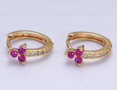 Round Cut Simulated Pink Ruby Women's Huggie Hoop Earring 14k Yellow Gold Plated - Image 1 of 4