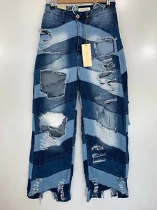 APHRODITE Size 5 Distressed Wide Leg Light Med Wash Denim Blue Jeans Pants NWT - Picture 1 of 9