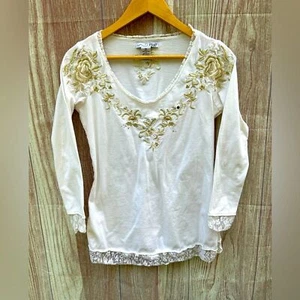 RXB size M VTG Y2K Ivory gold Floral Embroidered Lace studded lace Top Feminine - Picture 1 of 4