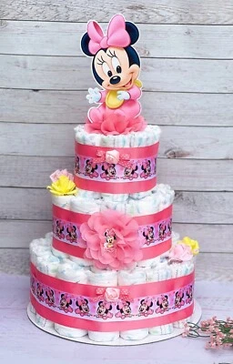 Pastel de pañales para bebé Minnie Mouse de 3 niveles Baby Shower niña Foto 1 de 2