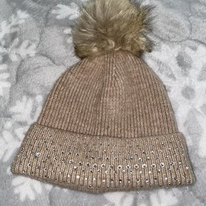 BP. Nordstrom Winter Pom Pom Hat Beige Tan Girls One Size rhinestones  - Picture 1 of 9