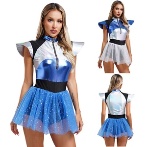 Womens Space Cadet Costume Fly Sleeve Jumpsuit Alien Astronaut Cosplay Dress - Picture 1 of 30