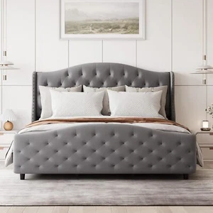 King Bed Frame Velvet Tufted Upholstered with Wingback Headboard Bed Frame Home - Picture 1 of 12