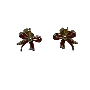 Vintage Pierced Earrings Red Enamel Bows Gold Tone Studs - Picture 1 of 6