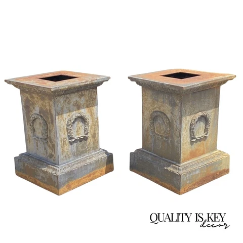 Pair Large Neoclassical Style Cast Iron Wreath Garden Planter Urn Pedestal Base Cover