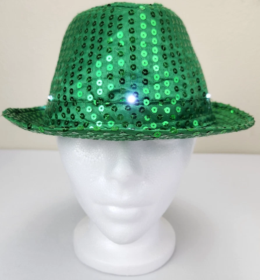 Lighted Fedora Hat Green Sequence 3 Speed Blinking Mardi Gras Costume Halloween - Image 1 of 4