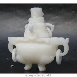 6.5" Chinese White Jade Carved Dragon Head Beast Tripodia Incense Burner Censer - Imagen 1 de 11