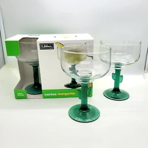 LIBBEY Set of 4 Clear Green CACTUS Stemmed Margarita GLASSES 16 oz. - Picture 1 of 3