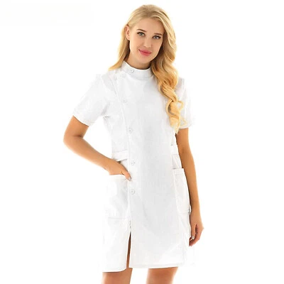Nurse Uniform Dresses Short Sleeve Slanting Button Front Scrub Lab Coat Dress US - Image 1 of 4