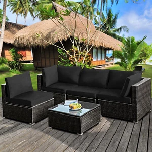 5PCS Rattan Patio Conversation Set Sofa Furniture Set w/ Black Cushions - Picture 1 of 10
