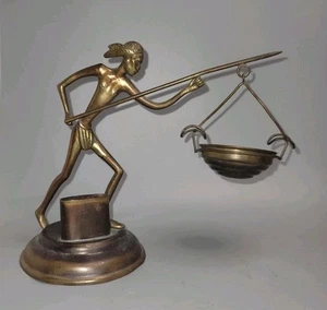 Vintage Art Deco Native Indian With Spear MatchSafe Ash Bronze & Brass 7.5" Tall - Picture 1 of 9