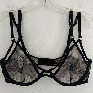 Victorias Secret 36C Unlined Plunge Bra Caged Strappy Floral Mesh Sheer NEW - Picture 1 of 7