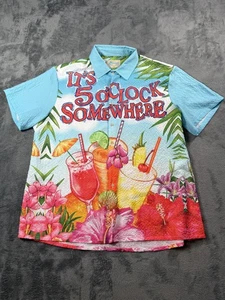 It's 5 O'Clock Somewhere Aloha Shirt Mens 2XL Hawaiian Camp Button Up Textured - Picture 1 of 8
