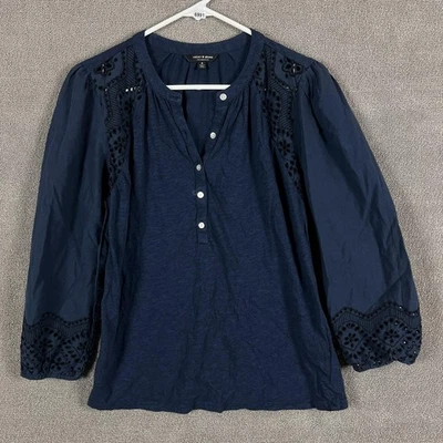 Lucky Brand Shirt Womens Medium Navy Embroidered Eyelet Boho Peasant Henley - Image 1 of 4