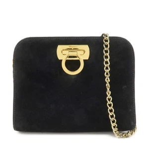 Ferragamo Gancini Suede Leather Chain Shoulder Bag Black Authentic Used F/S - Picture 1 of 24