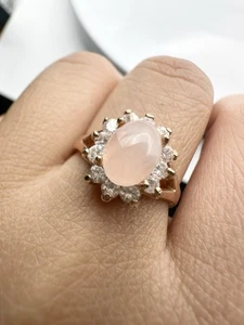18k Gold Plated Natural Rose Quartz Rhinestone Ring Size 5.5 - Picture 1 of 6