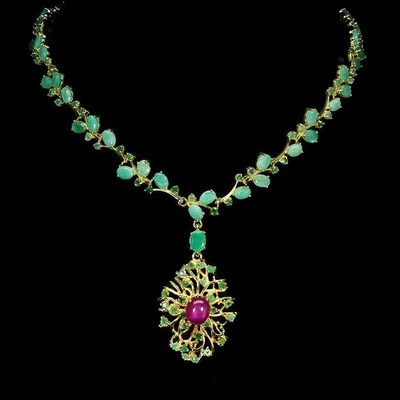 925 Sterling Silver Necklace Oval Ruby 10x8mm Emerald Gemstone Jewelry 18inches - Image 1 of 4