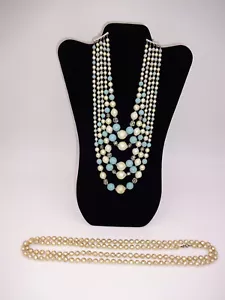 2 Vintage Necklaces Long Gold Tone 1 One Strand & Blue Grey Clear 5 Five Strands - Picture 1 of 10