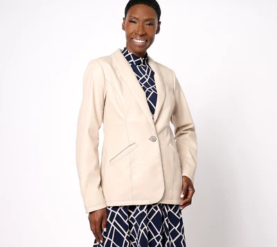 NUEVA Chaqueta Blazer Susan Graver 12 Cuero Sintético Chal-Cuello en Hueso QVC 2234 Foto 1 de 4