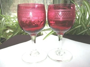 ELEGANT NEEDLE ETCH ANTIQUE CRANBERRY GLASS WINE GLASSES 4 7/8" MOUTH BLOWN - Picture 1 of 6