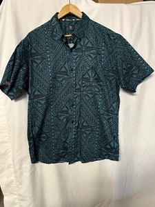 Tanoa Samoa Mens Hawaiian Button Up Short Sleeve Shirt Large Blue  Geometric - Picture 1 of 8